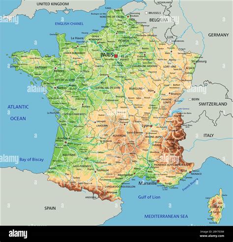 Mapa Físico De Francia Con Alto Detalle Y Etiquetado Imagen Vector De