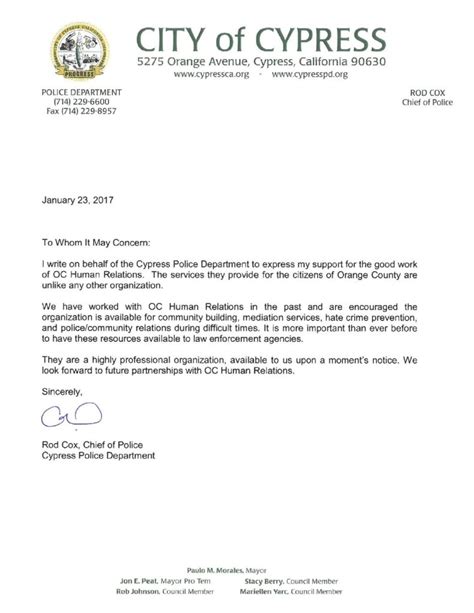 Letter Of Support Cypress Police Department Oc Human Relations