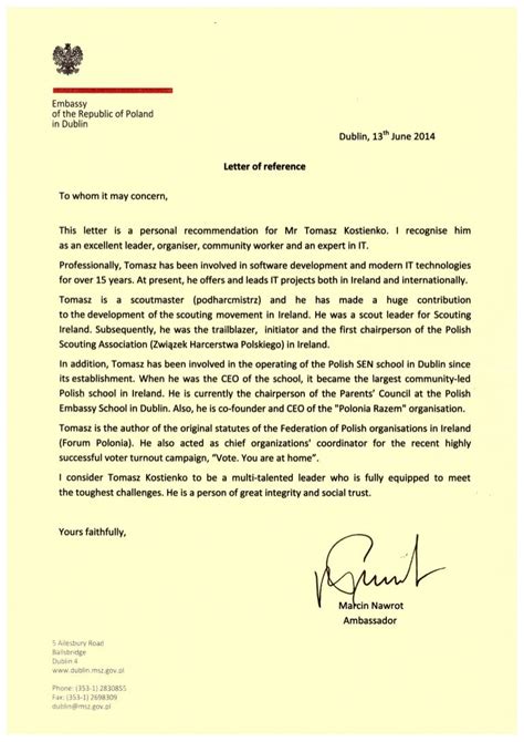 The Polish Ambassador To Ireland Letter Of Reference For Tomasz Kost