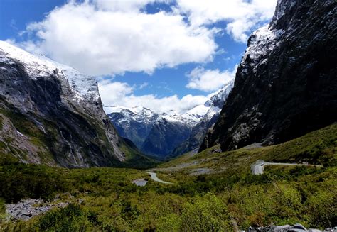 New Zealand Park Mountains Fiordland Clouds Grass Nature Road Snow
