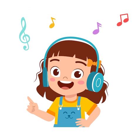 Happy Cute Kid Girl Listen Good Music Premium Vector