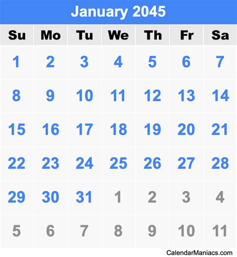 January 2045 Calendar