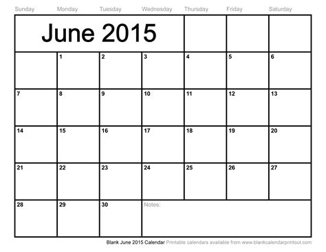 Blank June 2015 Calendar To Print