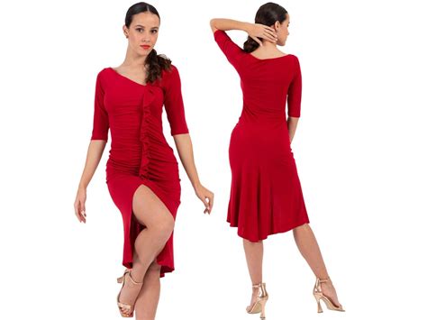 Argentine Tango Dance Dress Bodycon Dress With Front Ruffles Salsa Show Dress Bachata