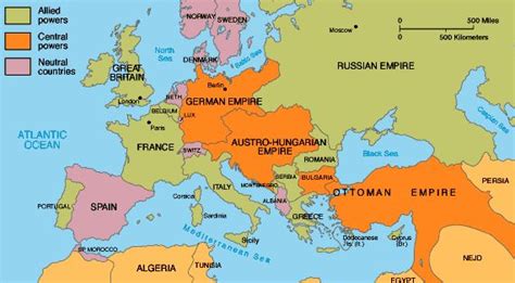 Political map of Europe in 1914. The countries are separated by allied