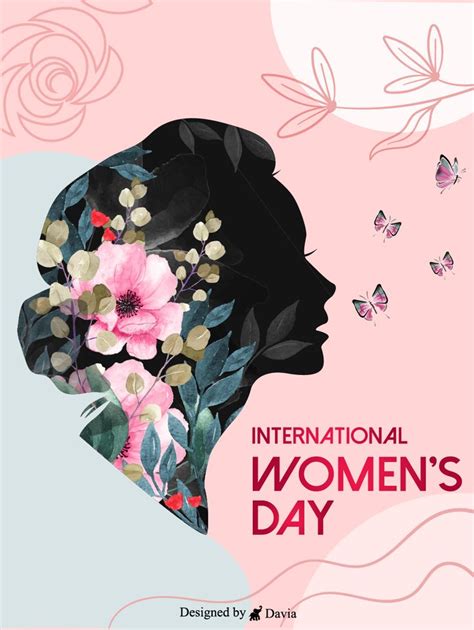 the international women s day poster is shown with flowers and butterflies in pink tones