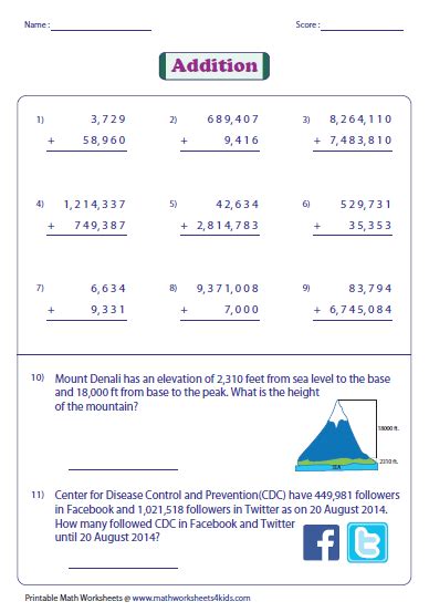 Adding Very Large Numbers Worksheets