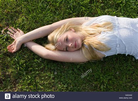 Long Hair Blonde Laying Down Above Stock Photos Long Hair Blonde Laying Down Above Stock