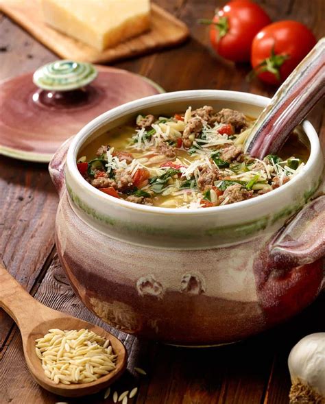 Italian sausage recipe with peppers, onions, and mushrooms. Italian Sausage, Spinach and Orzo Soup | Recipe | Orzo ...