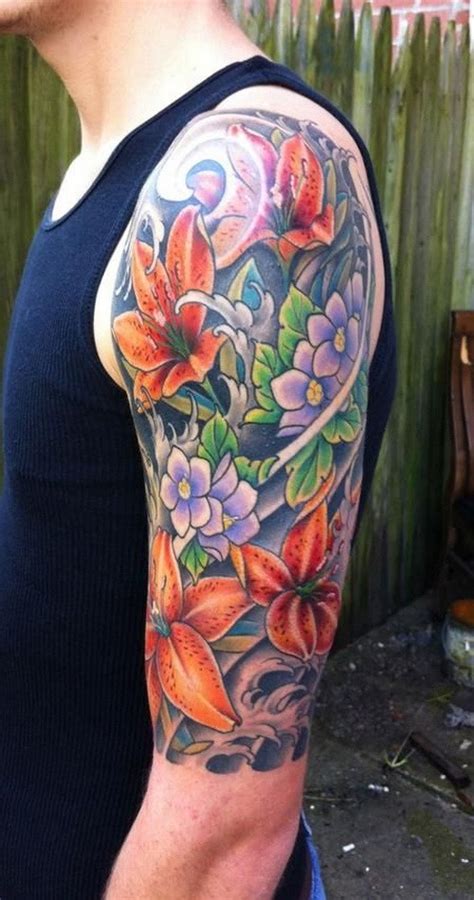 Vivid Colored Japanese Flower Tattoo For Guys On Upper Arm