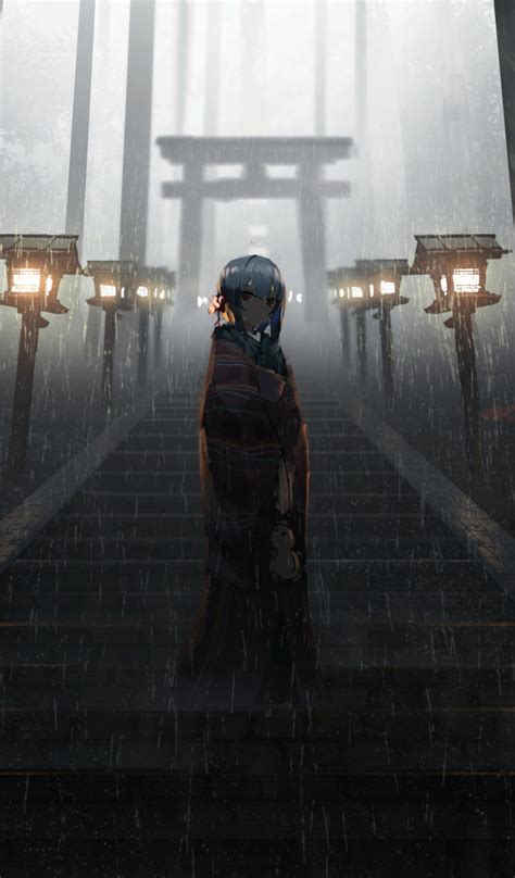 600x1024 Anime Girl Standing In Rain Inside Torii 5k 600x1024