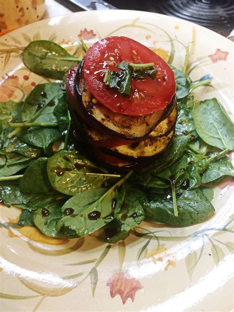 Grilled Eggplant And Tomato Stacks Over A Bed Of Fresh Spinach Blogging