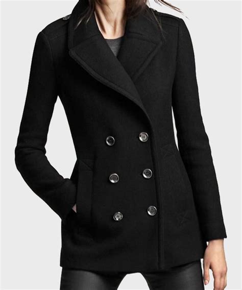 Womens Black Wool Lapel Style Collar Pea Coat William Jacket