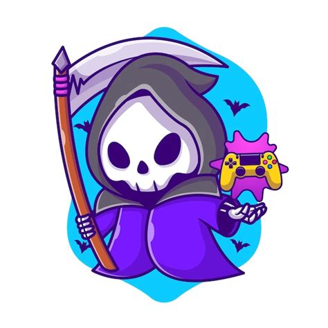 Premium Vector Cute Grim Reaper Gaming With Scythe Cartoon