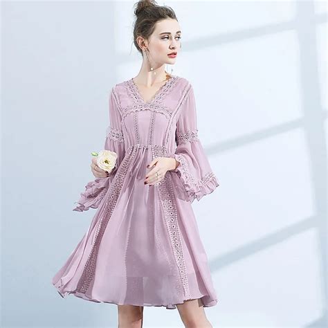 Chiffon Pink Dress Elegant 2018 Summer Women Laciness Lace Hem Loose Dress Solid Color Patchwork