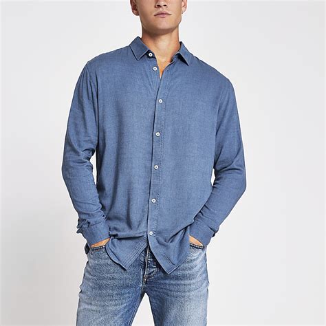 blue long sleeve linen regular fit shirt river island