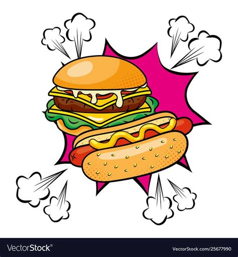 Hamburger And Hot Dog With Sauce Icon Cartoon Pop Art Vector
