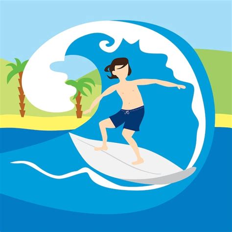 Hombre Surfista Con Tabla De Surf De Pie Y Cabalgando Sobre Las Olas