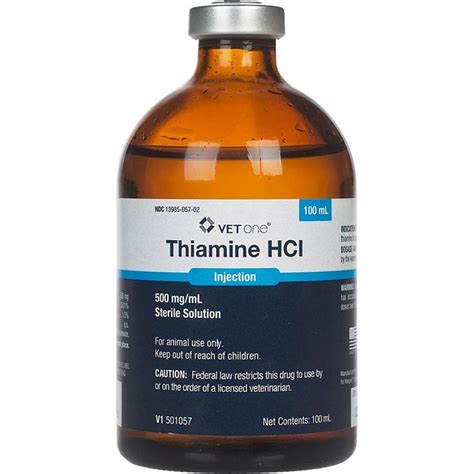 Food sources of thiamine include whole grains, legumes, and some meats and fish. Thiamine Hydrochloride Vitamin B1 500 mg/mL Injectable 100 mL