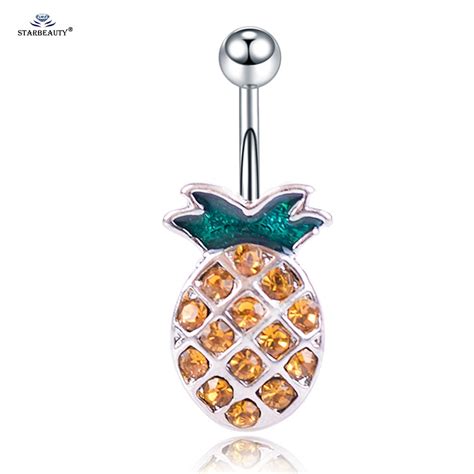 14g 16x10mm Cute Pineapple Belly Piercing Surgical Steel Navel Rings Crystal Belly Ring Helix