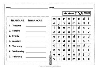 FRENCH DAYS OF THE WEEK WORD SEARCHES by Lively Learning Classroom