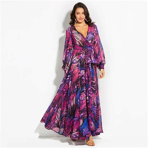 Boho Maxi Dress Women 2018 Newtropical V Neck Lace Up Purple Print Plus