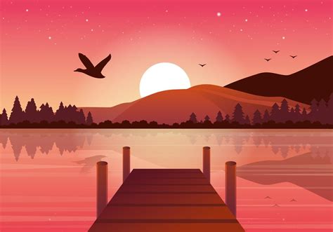 Lake Sunset Landscape Illustration Landscape Wall Art Landscape