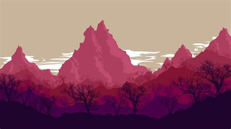 Mountains Digital Art Artwork Trees Pink Sky Nature