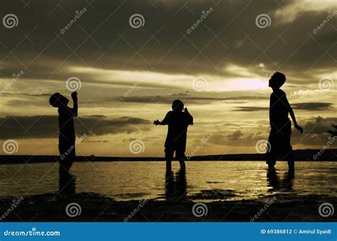 Silhouette Happy Boys Waiting To Catch A Ball Beautiful Sunrise Sunset