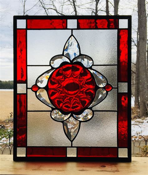 Stained Glass Panel Ruby Reds With Clear Bevels Etsy Stained Glass Stained Glass Panel