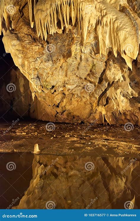 Inside A Big Limestone Cave With An Underground Lake Stock Image