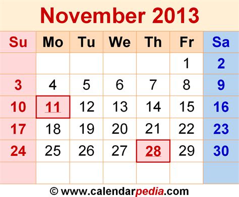 November 2013 Calendar Templates For Word Excel And Pdf