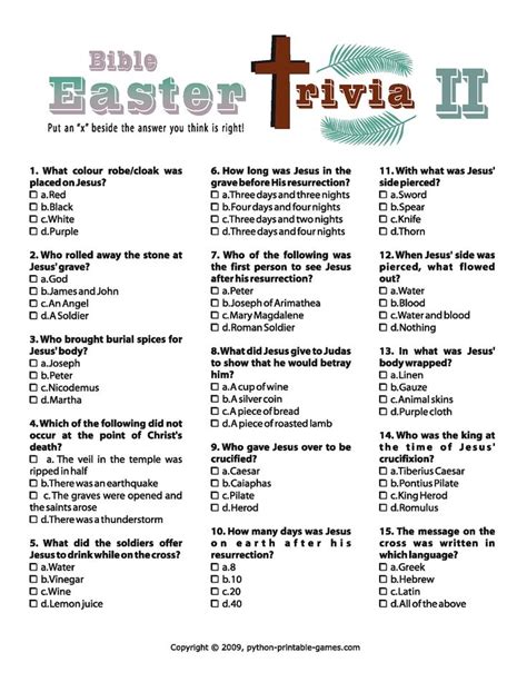 A set of printable trivia questions with multiple choice answers about disney films and characters. easter trivia II | Easter sunday school, Easter lessons, Easter bible