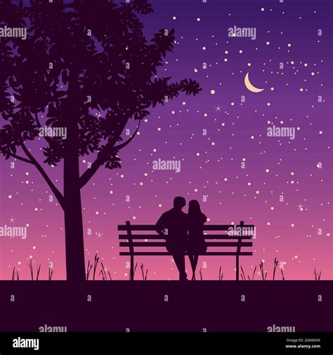 Couple Lovers On Bench In Park Under Tree Night Stars Moon Vector