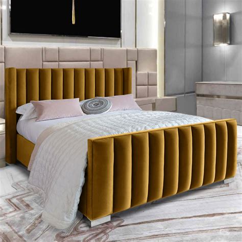 Mansfield Plush Velvet Upholstered King Size Bed In Mustard Furniture