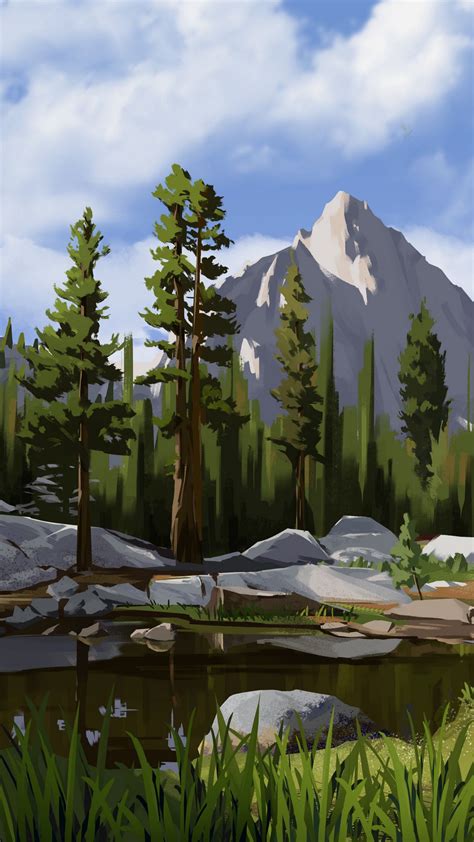 Download Wallpaper 1350x2400 Mountain Trees Lake Landscape Art