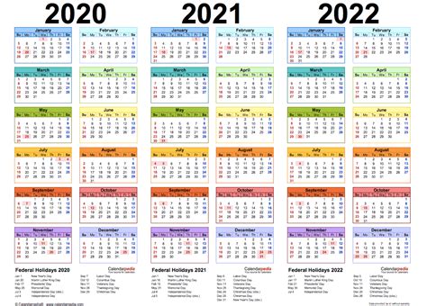 Three Year Calendar 2020 2021 2022 Free Printable Templates