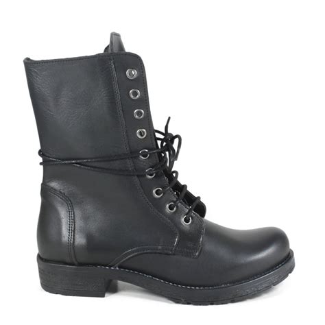 Military Boots Woman Genuine Leather Black Made In Italy