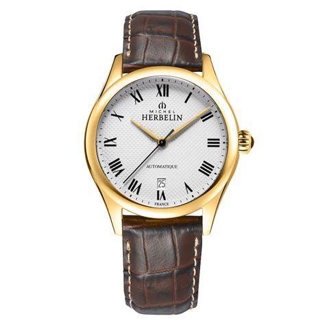 michel herbelin classique gold pvd leather strap watch 1661 p01ma