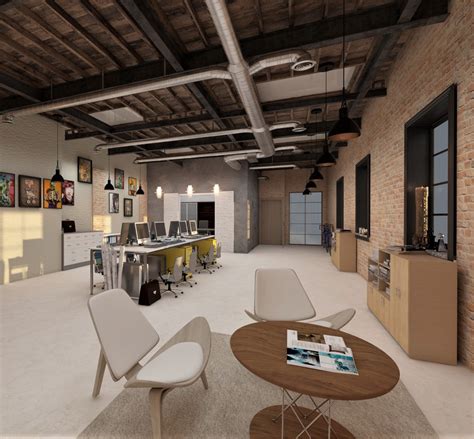 Industrial Office Features With Exposed Bricks And Concrete Walls