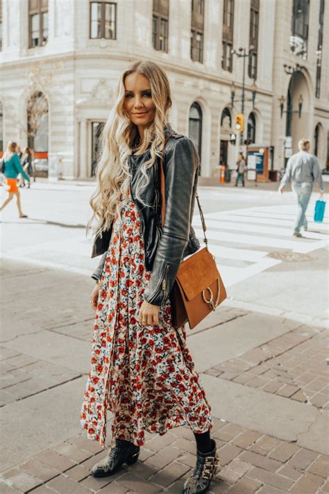 Fall Autumn Outfit Floral Maxi Dress Leather Jacket Chloe Boots Chloe