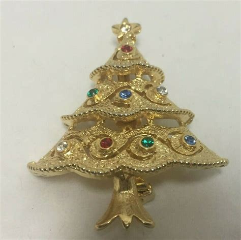 J J Jonette Vintage Christmas Tree Brooch Pin Multicolor Rhinestones