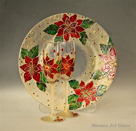 Hand Painted Glass Plate Poinsettia Christmas Plate