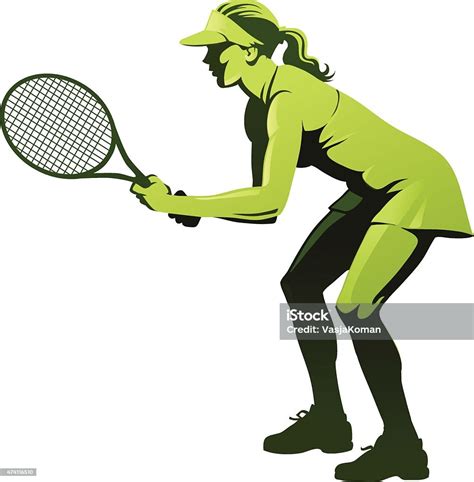 Ilustración De Mujer Jugador De Tenis Espera Para Servirlo Y Más Vectores Libres De Derechos De