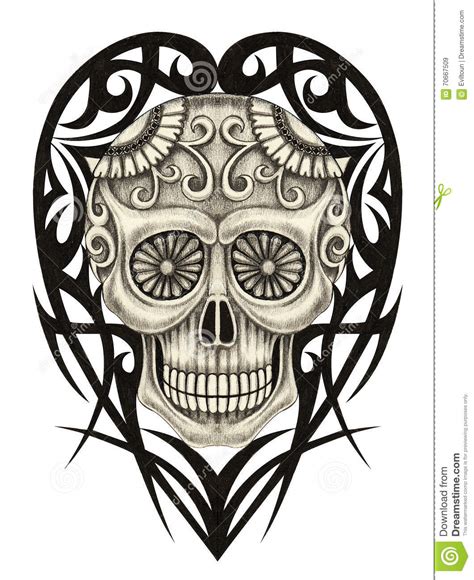 Art Skull Heart Tattoo Stock Illustration Illustration Of Head 70667509