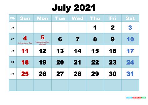 Free Printable July 2021 Calendar With Holidays As Word Pdf