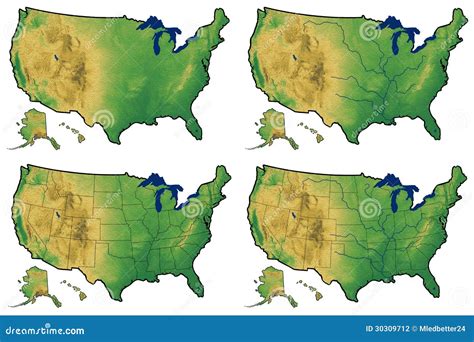 Quatro Versões Do Mapa Físico De Estados Unidos Ilustração Stock