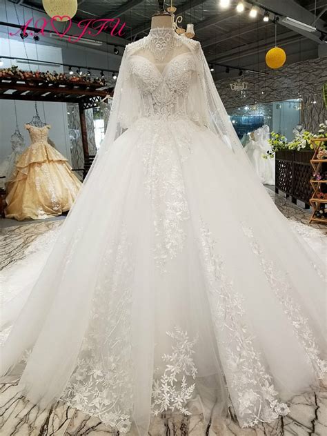 Axjfu Promotional Korean Lace Beading Wedding Dress Princess Luxury O Neck White Lace Flower