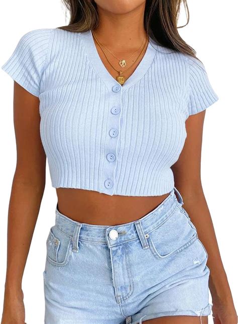 Baybay Crop Top Für Damen Mit Knopfleiste Sexy V Ausschnitt Einfarbig Kurze Ärmel