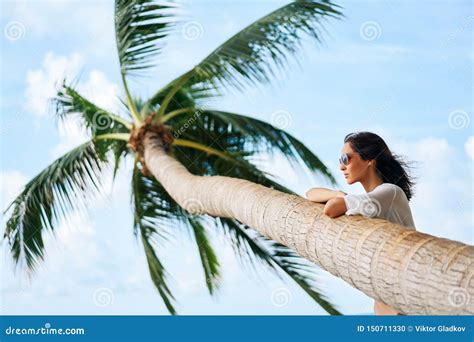 Dreaming Beautiful Woman Relax On Tropical Beach With Palm Tree Stock Photo Image Of Pensive